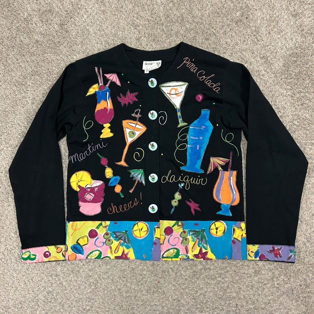 Silkscapes Handpainted Cardigan Small Black Cocktail Martini Daiquiri Cotton Top
